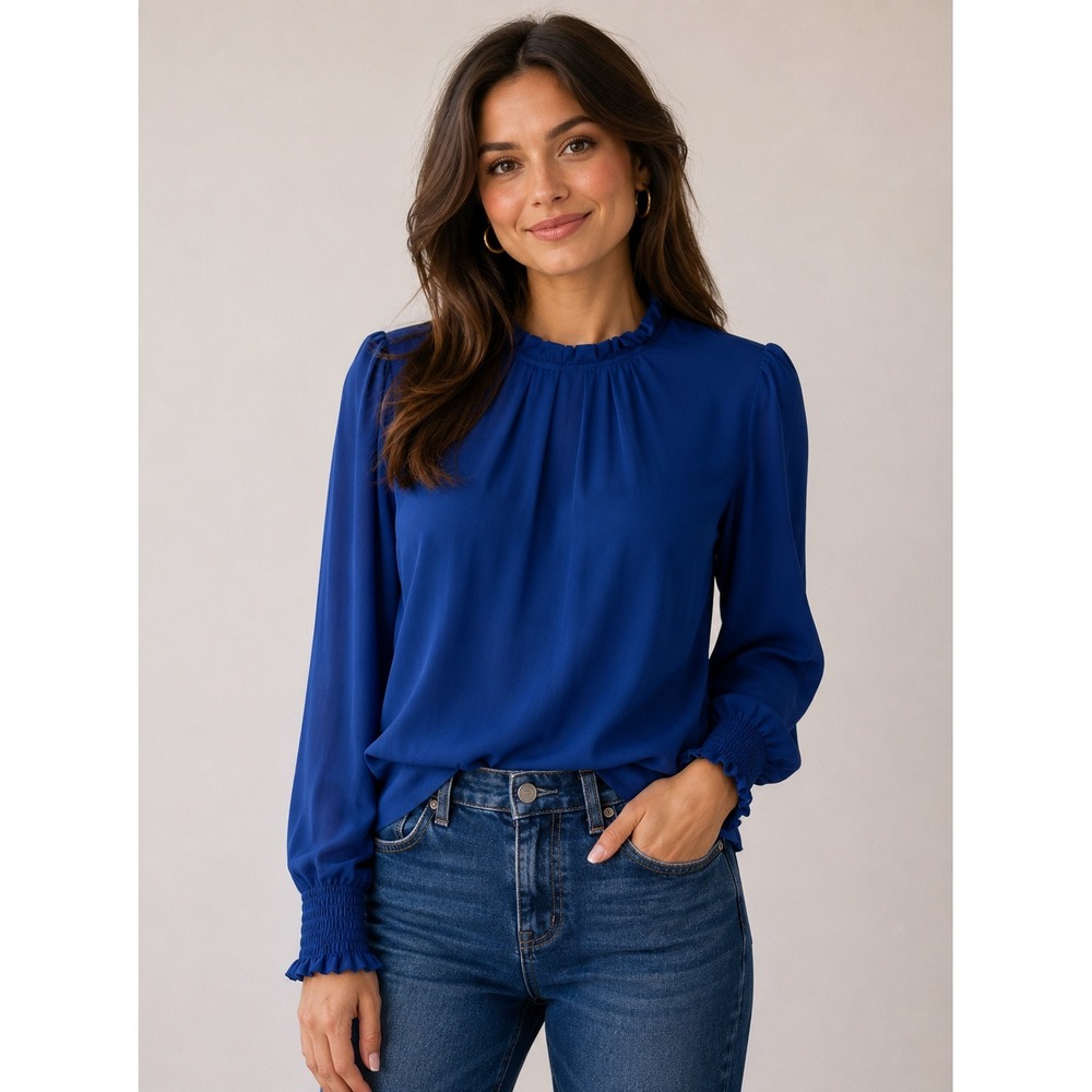 NWT Grace Karin Royal Blue Ruffle Mock Neck Long Sleeve Ruched Blouse Small
